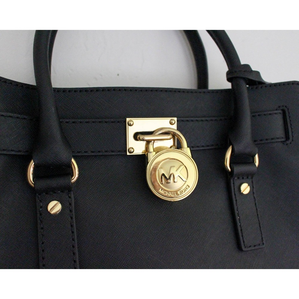 Michael Kors Hamilton East West Satchel Handbag Black Saffiano Leather Gold Tone - Picture 5 of 11